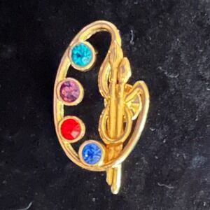 Vintage Avon Gold Tone Multicolor Rhinestone Brooch – 1980s Signed